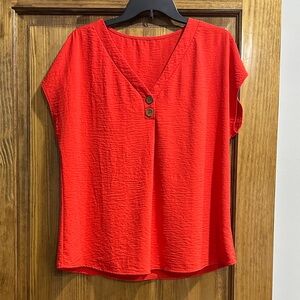 Red V-Neck Short Sleeve Top with Button Detail